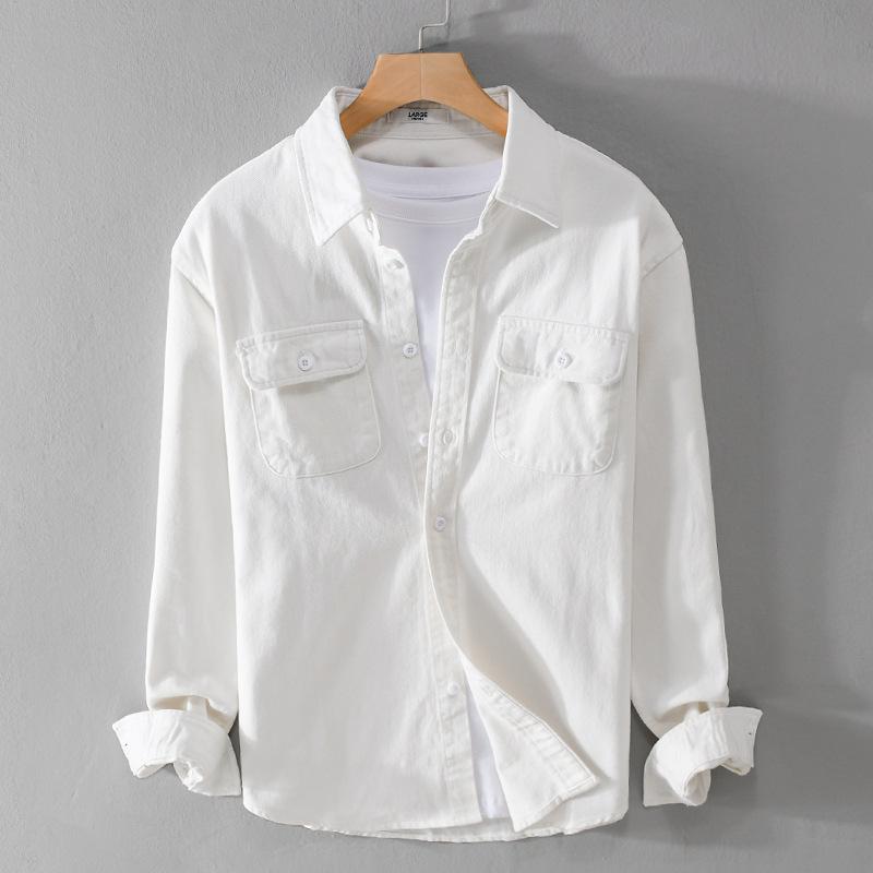 Осенние рубашки-карго для мужчин с воротником-лацканами, двойными карманами и длинным рукавом, повседневная рубашка, молодежная, популярная, из чистого хлопка, удобная, хорошего качества