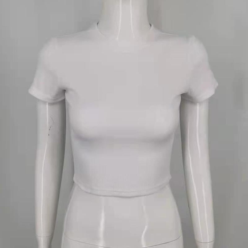 Летняя мода с коротким рукавом Сексуальная укороченная футболка Женские топы с круглым вырезом Тонкая короткая футболка Женская элегантная женская футболка Однотонные повседневные футболки 24080