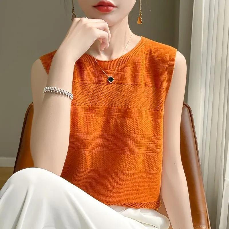Женский весенне-летний ажурный тонкий мягкий свитер-пуловер без рукавов, трикотаж, базовые топы