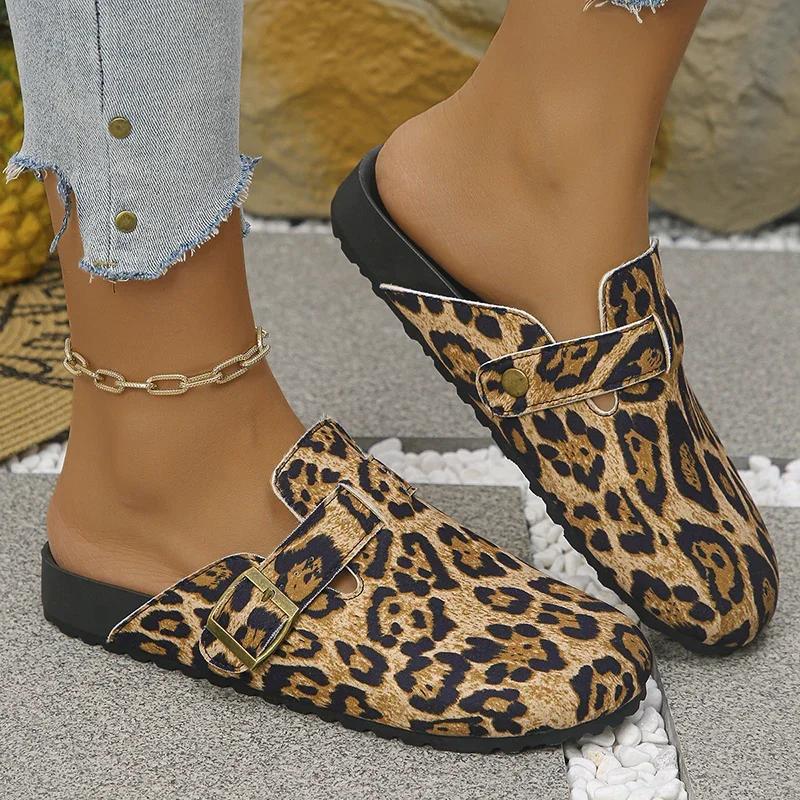 Модные мюли-шлепанцы с леопардовым принтом для женщин 2025 больших размеров 35-42, обувь на платформе, сабо, женские полушлепанцы с дизайном пряжки