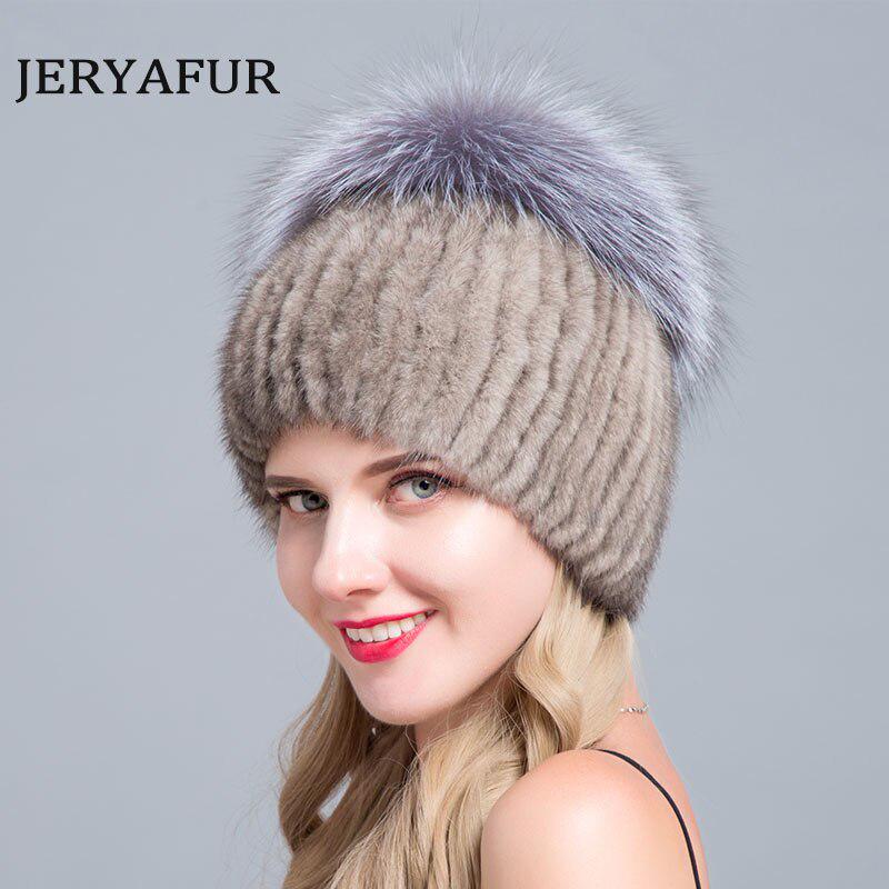 JERYAFUR Вязаная женская шапка с мехом норки пэчворк