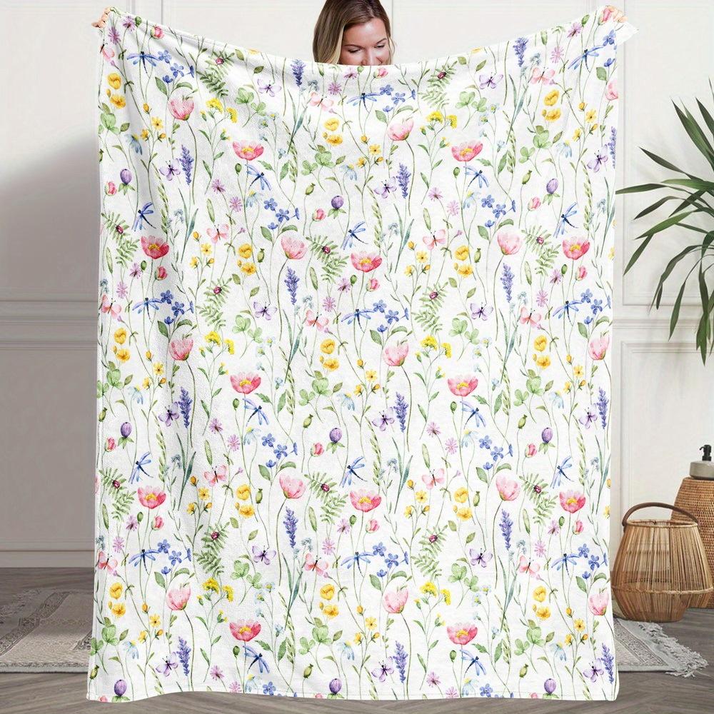 Watercolor Wildflower Flannel Throw Blanket Colorful Meadow Floral Print Soft Sofa Throw Blanket