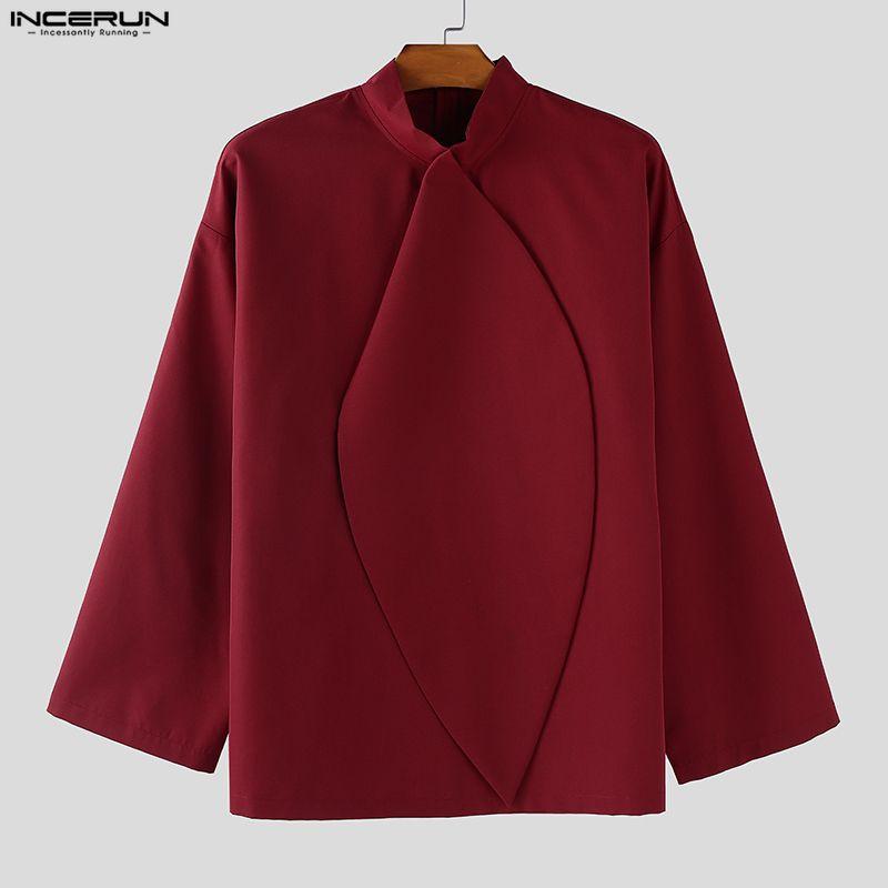 INCERUN Мужские рубашки оверсайз с воротником-стойкой, завязками и длинным рукавом, повседневные, свободного кроя