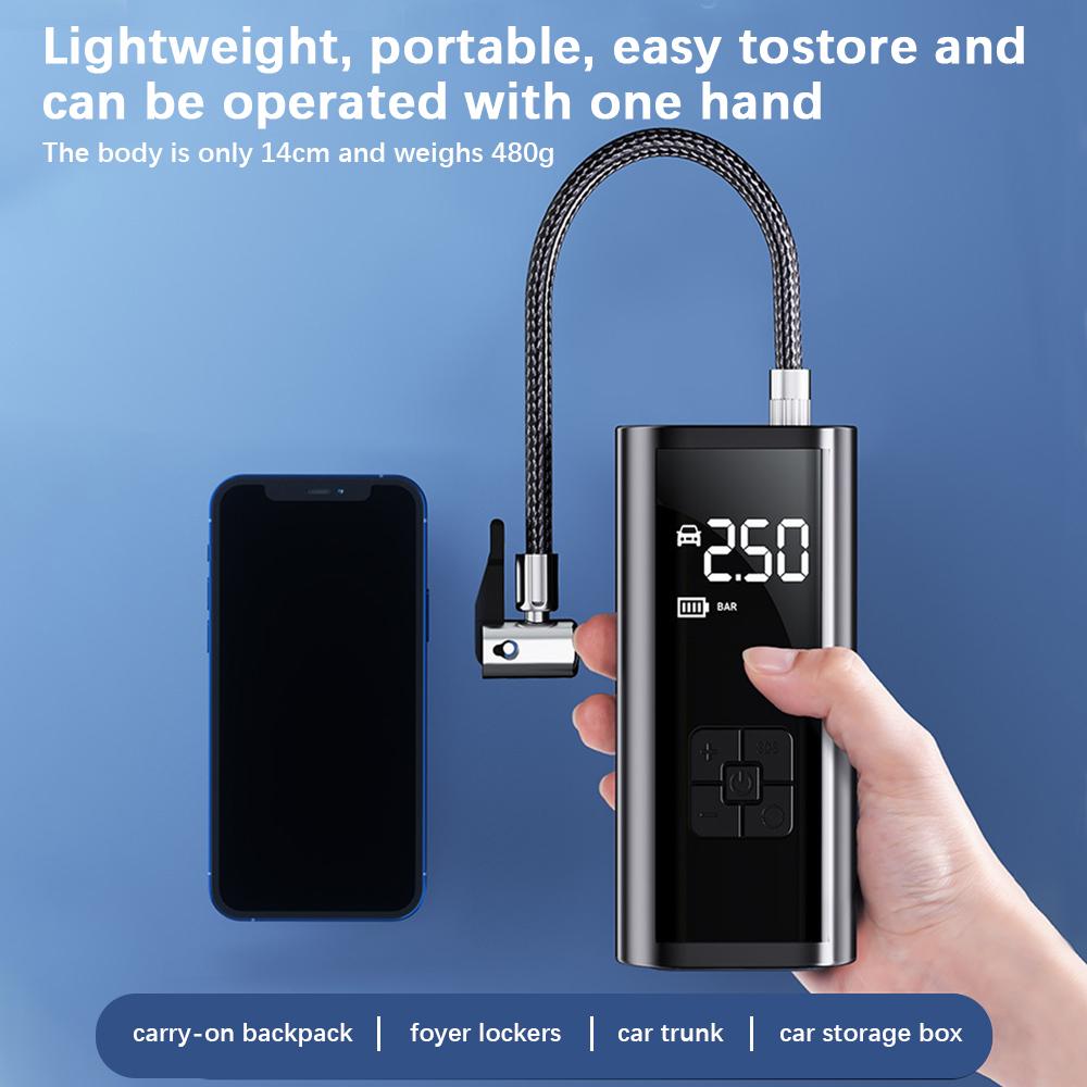 Портативный компрессор-насос Беспроводной насос для накачивания шин Светодиодная лампа Крепится Мотоцикл Велосипед Мяч Автомобиль Электрический воздушный насос ЖК-дисплей