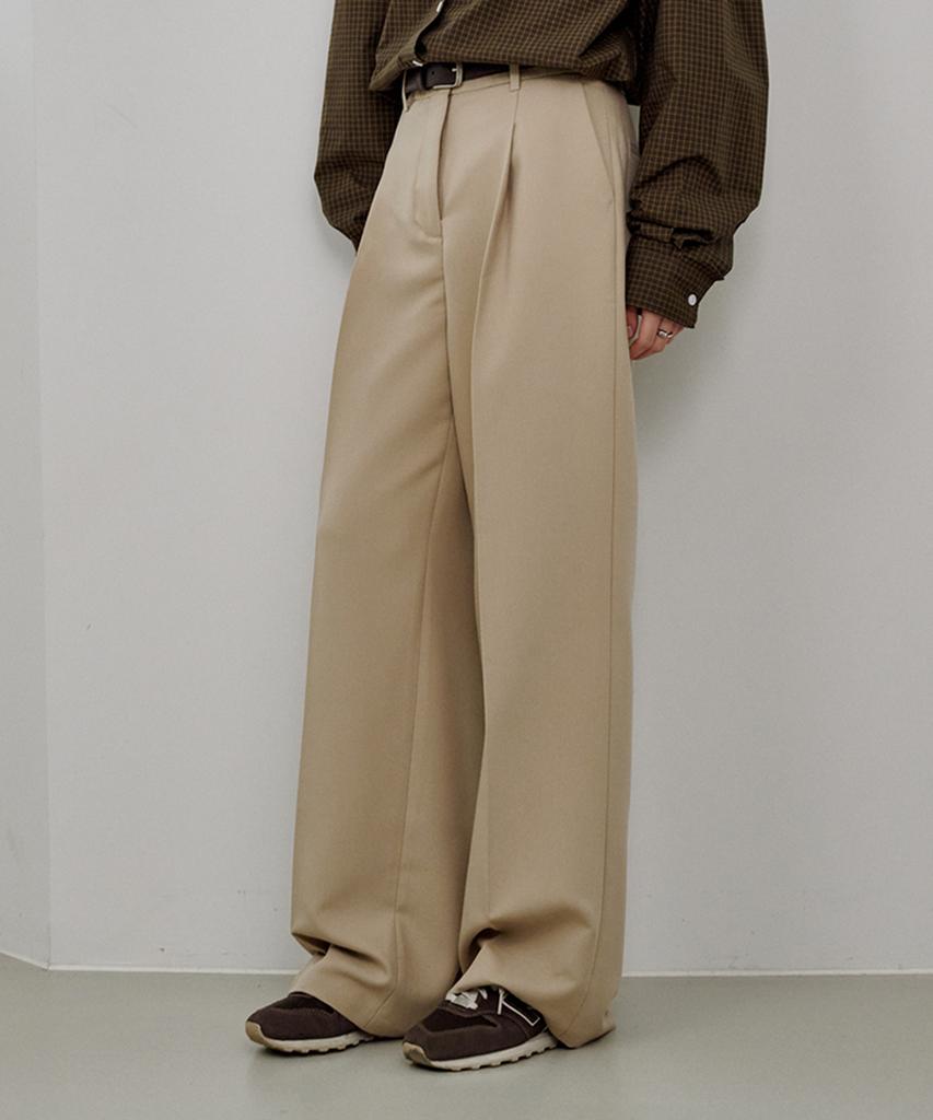 LOSSYROW Modern One-Tuck Wide Slacks Beige