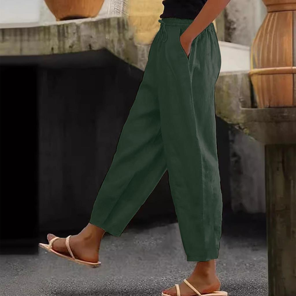 Women's Fashion Loose Cotton Linen Solid Color Casual Side Pocket Elastic Drawstring Trousers