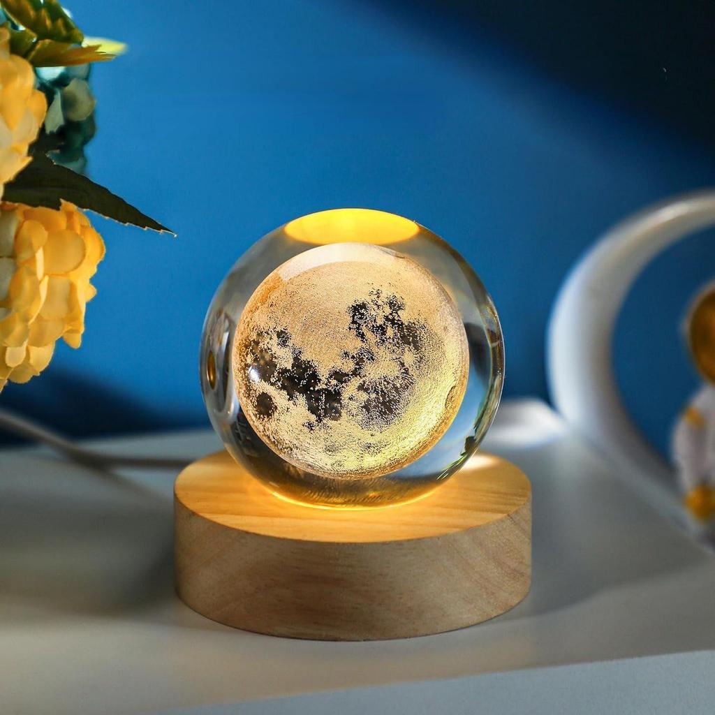 New Moon Crystal Night Light Decorative Quartz Glass Ball Bedroom Table Light, Engraved Model Astronomy Décor, Universe Gift