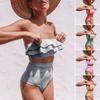 2 Pcs/Set Beach Bikini Set Ruffle Striped Patchwork Tankini High Waist Split Beachwear Elastic Quick-drying Bathing Suit