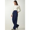 Women's Navy Blue Pleated Palazzo Trousers Dw00004