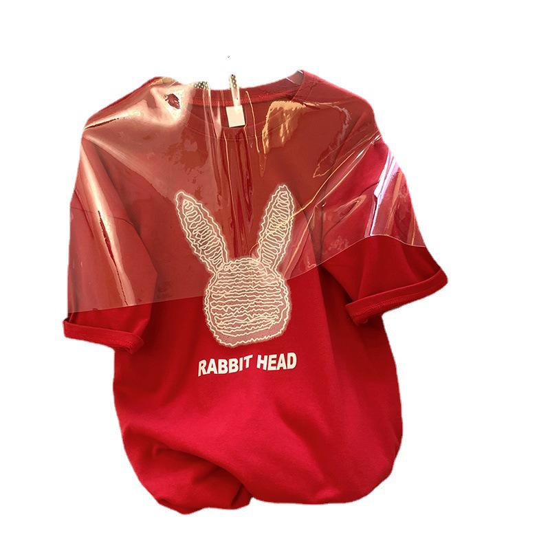 2024 Summer Women's Cartoon Rabbit Print Short-Sleeve Loose Casual T-Shirt