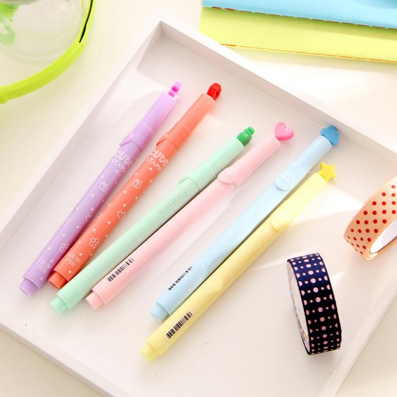 6Pcs/set Cute Candy Color Highlighters Pen Inks Creative Marker Stamp Fluorescent Pens School Supplies Office Stationery