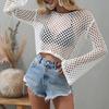 Women's Knitted Summer Coverup Solid Color Round Neck Bell Sleeve Pullover Beachwear Mesh Bikini