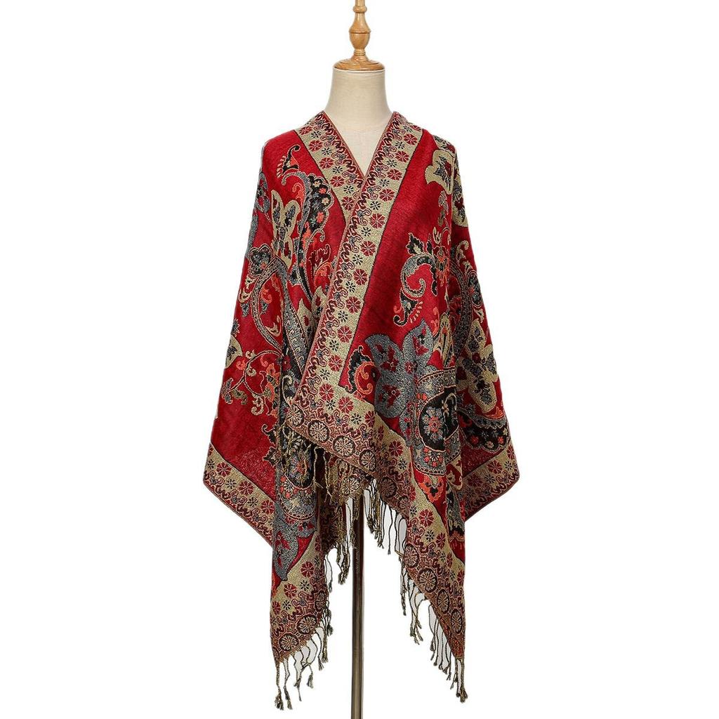 Ethnic Style Cashew Flower Polyester Long Scarf Retro Tassel Embroidered Cheongsam Scarf Travel Shawl Headscarf