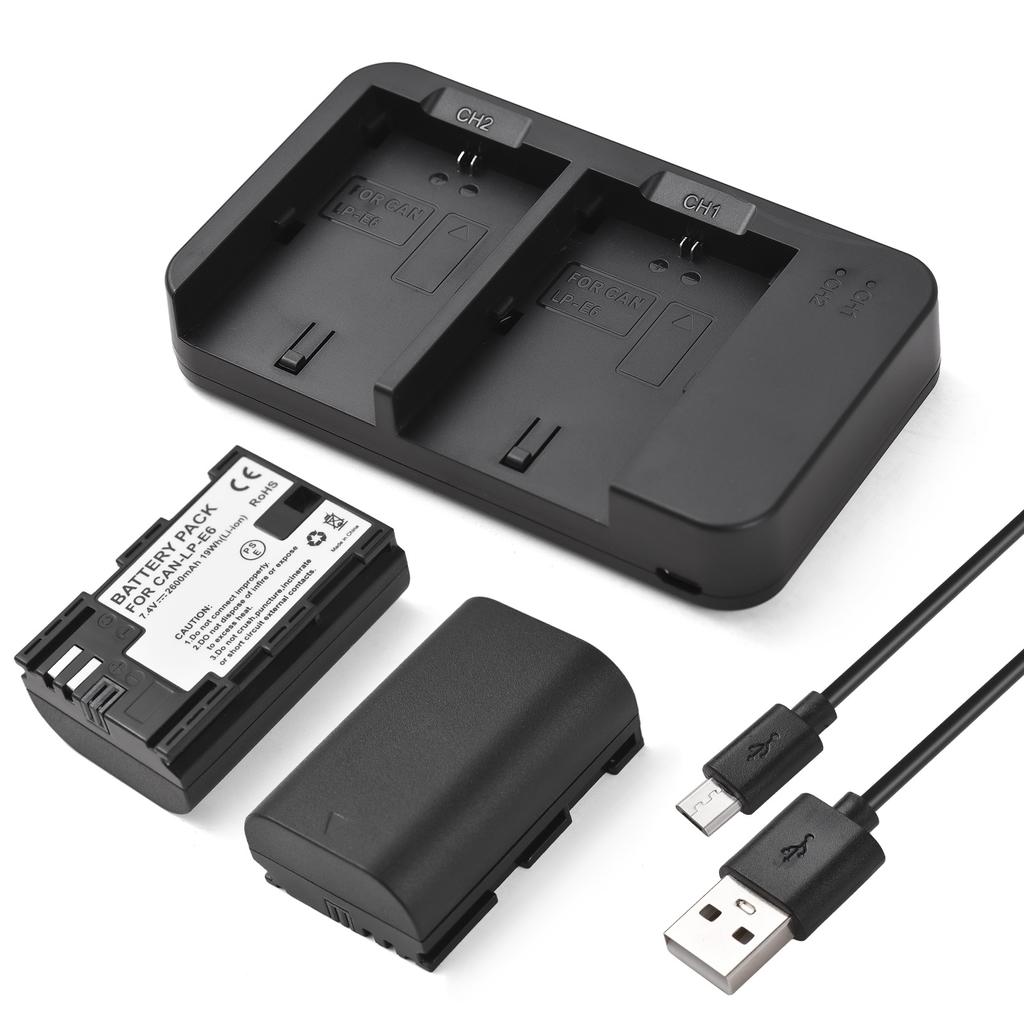Camera LP-E6 LP-E6N Battery & Charger Kit with 2-slot Battery Charger + 2pcs LP-E6 Batteries 7.4V