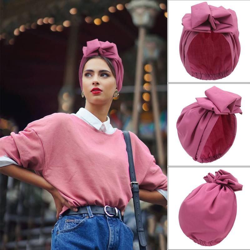 New Women Hijab Turban Solid Large Bow Head Scarf Muslim Women Scarf French Retro Flower Head Cap Hat Fashion Ladies Bandanas