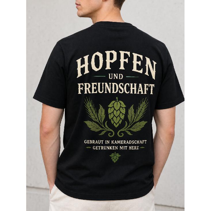 men's black short sleeve crew neck t-shirt with german beer culture graphic hops wheat design casual fit soft cotton blend for brewery lovers