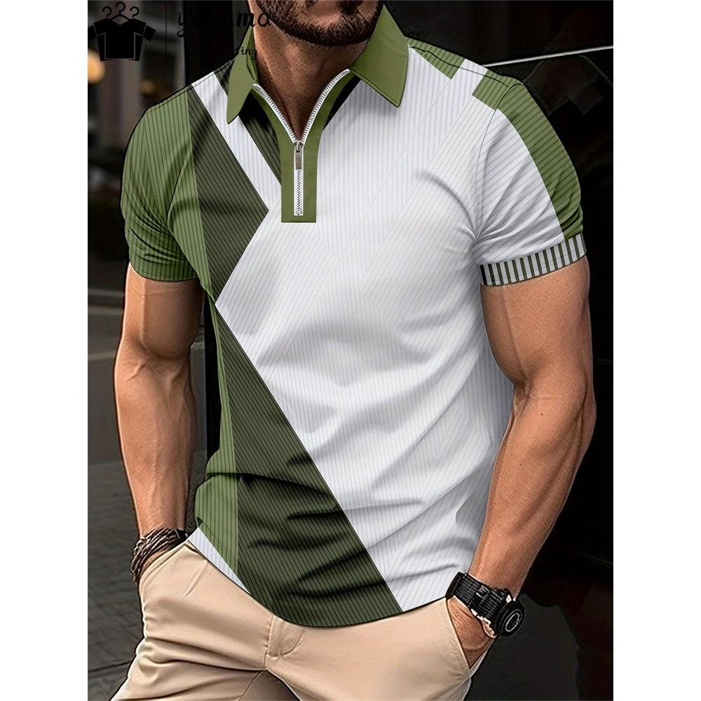 Мужская футболка-поло на молнии, модная клетчатая футболка с 3D-принтом, повседневная деловая футболка, мужское поло, уличная футболка с коротким рукавом на молнии