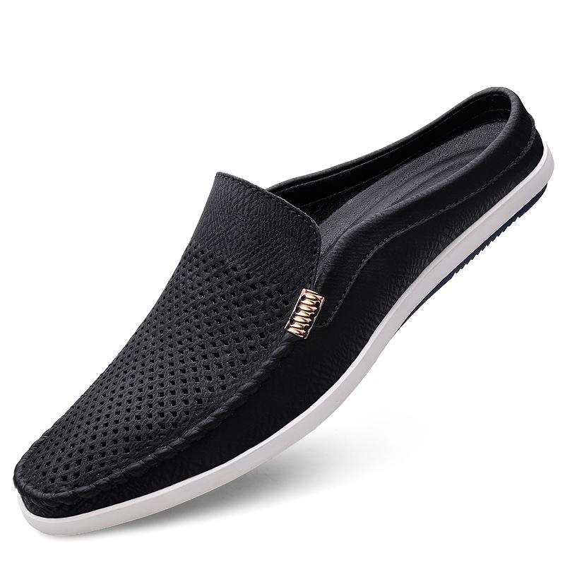 Модные мужские мюли из натуральной кожи, летние тапочки, ленивые туфли, дышащие мужские мокасины, домашние тапочки, обувь для отдыха для взрослых