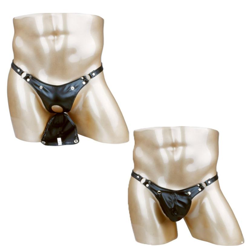 Мужские трусы из искусственной кожи с выпуклым мешочком, нижнее белье со стрингами и бандажом