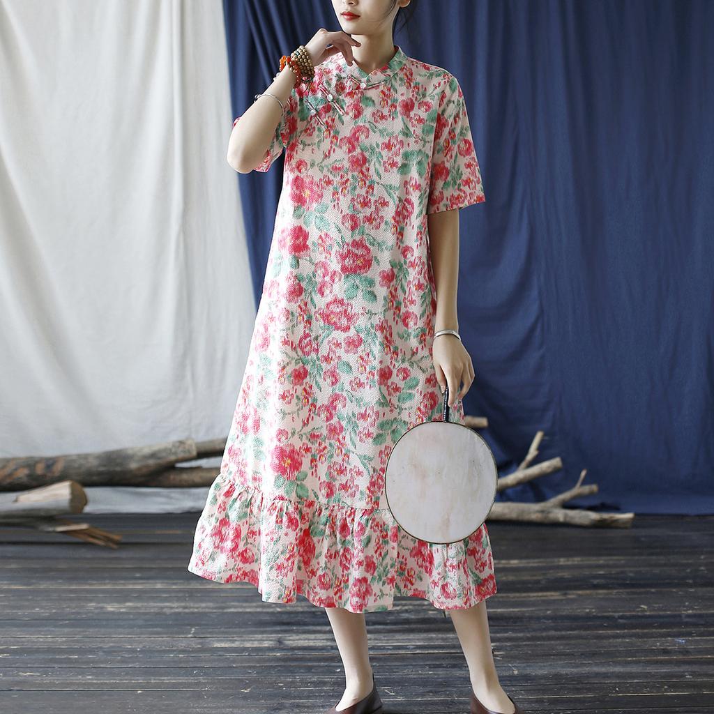 Johnature Женское платье трапециевидной формы в китайском стиле с коротким рукавом и цветочным принтом, летние винтажные хлопковые женские платья