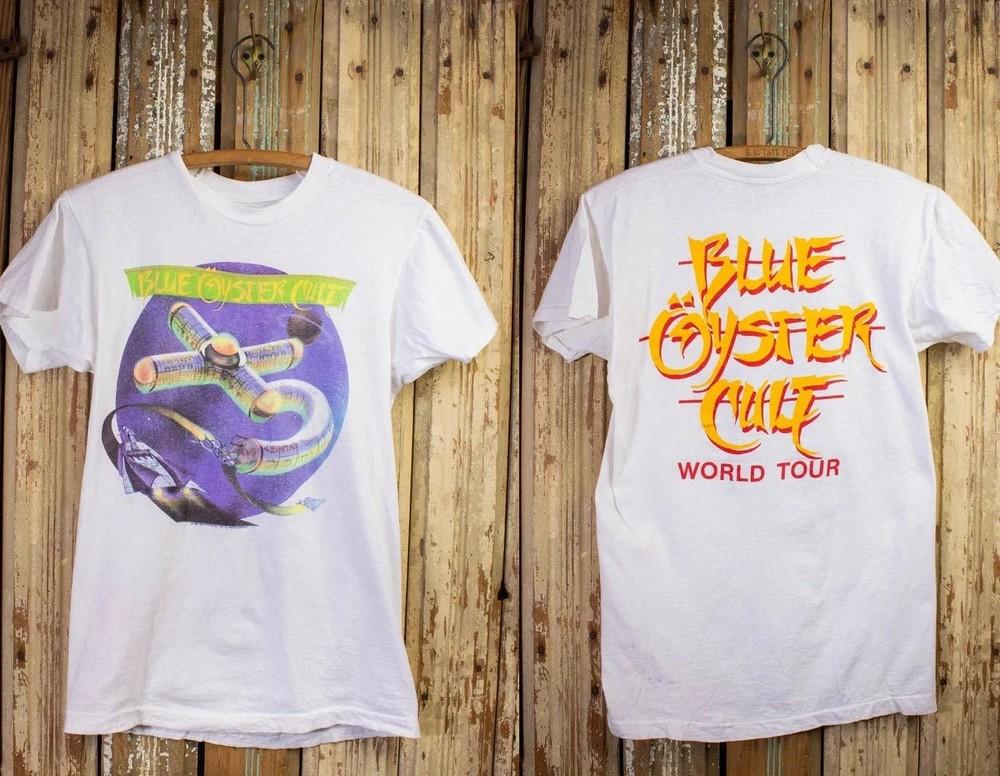 Винтажная синяя футболка с концерта Oyster Cult Club Ninja World Tour 1986 года Белая унисекс футболка