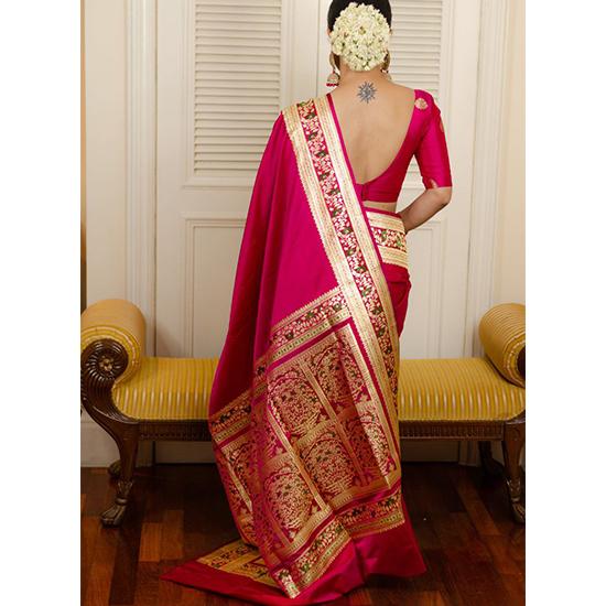 Индийское традиционное мягкое шелковое сари личи с жаккардовым плетением