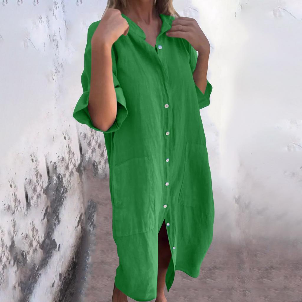 Women's Fashion Casual Button Cardigan Cotton And Linen Color Dress With Pockets