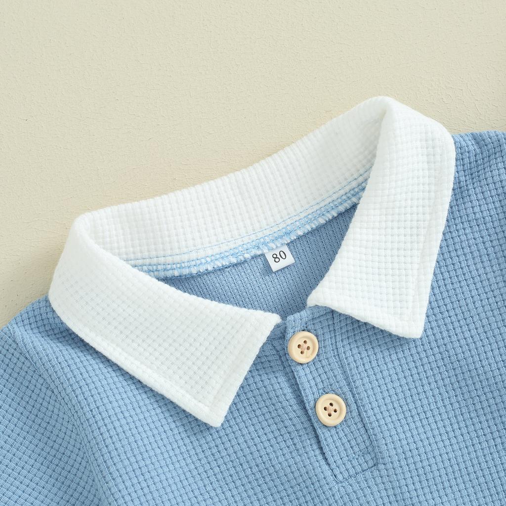 Toddler Boys Summer Outfits Contrast Color Buttons Short Sleeve T-Shirts Waffle Tops Elastic Waist Shorts 2Pcs Clothes Set