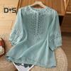 Women Shirt Retro Style Embroidery Flower Pattern Pullover Tops Round Neck 3/4 Sleeve Summer Casual Blouse