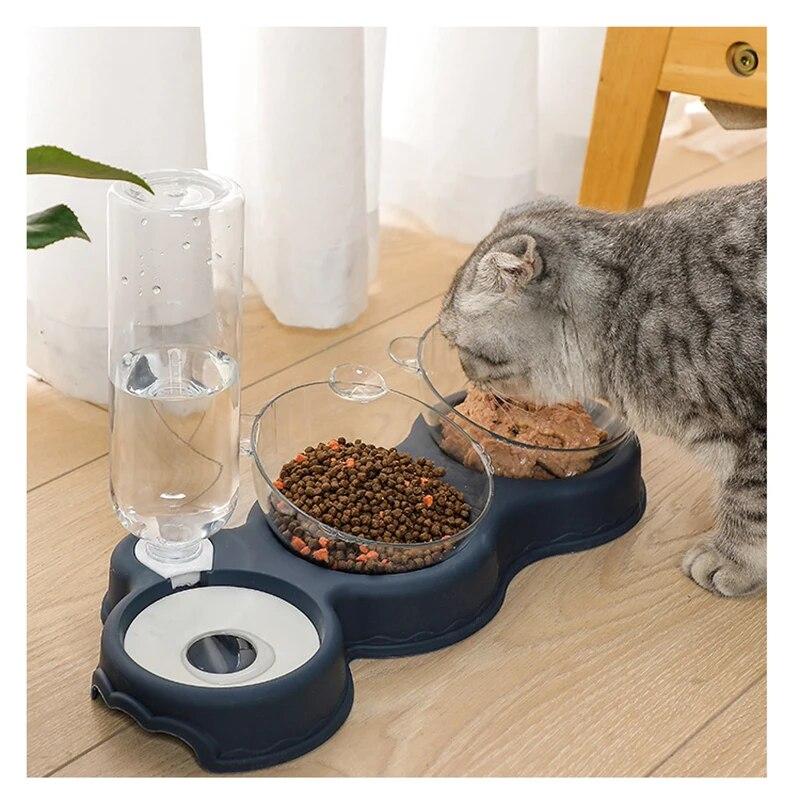 Cat Double Bowl Splash-proof Dual-use Automatic Water Feeder Drinking Basinanti-overturning Pet Dog Plate 1.8 L Large Bottle
