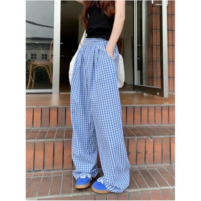 Plaid Contrasting Color Drape Casual Pants Women's Summer New Loose High Waist Straight Long Pants