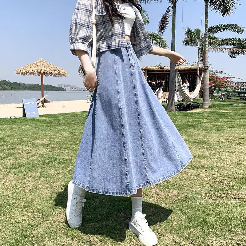 2023 Women's Long Spring Denim Pleated A-Line Skirt - High Waist, Mid-Length & Versatile