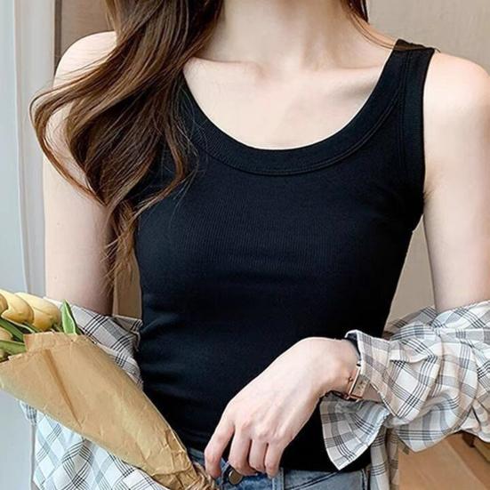 Summer Vest Round Neck Sleeveless Slim-Fit Solid Color Tank Tops Soft Elastic Sport Camisole Daily Wear