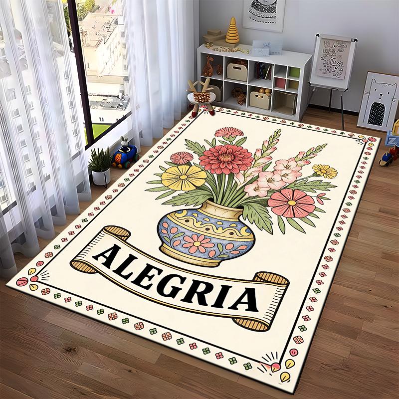 Colorful Floral Vase Carpet with "ALEGRIA" Text and Decorative Border Suitable for use as an anti-slip for living room bedroom sofas