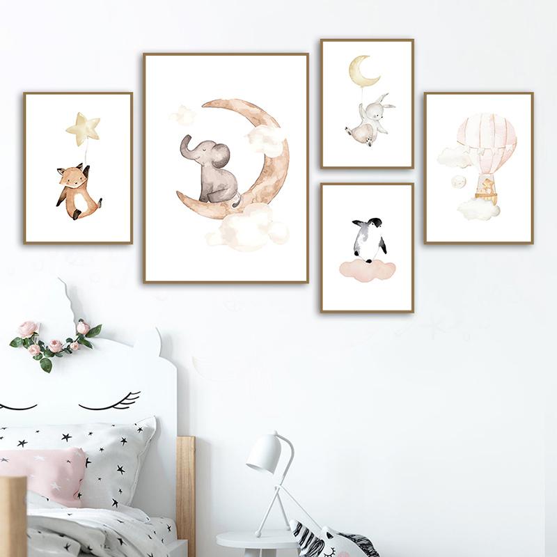 Elephant Penguin Bunny Bear Balloon Moon Stars Nordic Wall Art Canvas Painting Posters And Prints Wall Pictures Kids Room Decor