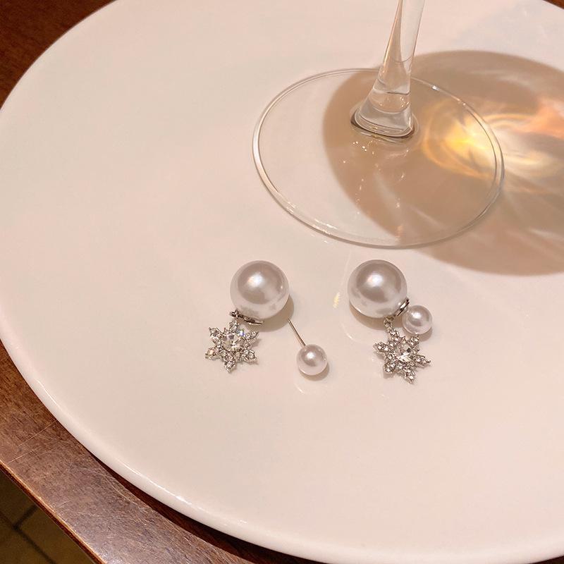 Korean-Style Shiny Snowflake Diamond Earrings for Women, Two-Way Back Hanging Pearl Design, Celebrity-Inspired.