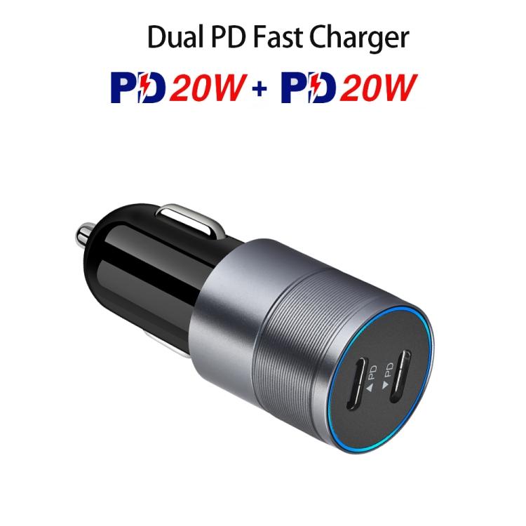 Двойное автомобильное зарядное устройство Type-C PD 3.0 40 Вт с кабелем данных Type-C на Type-C длиной 1 м