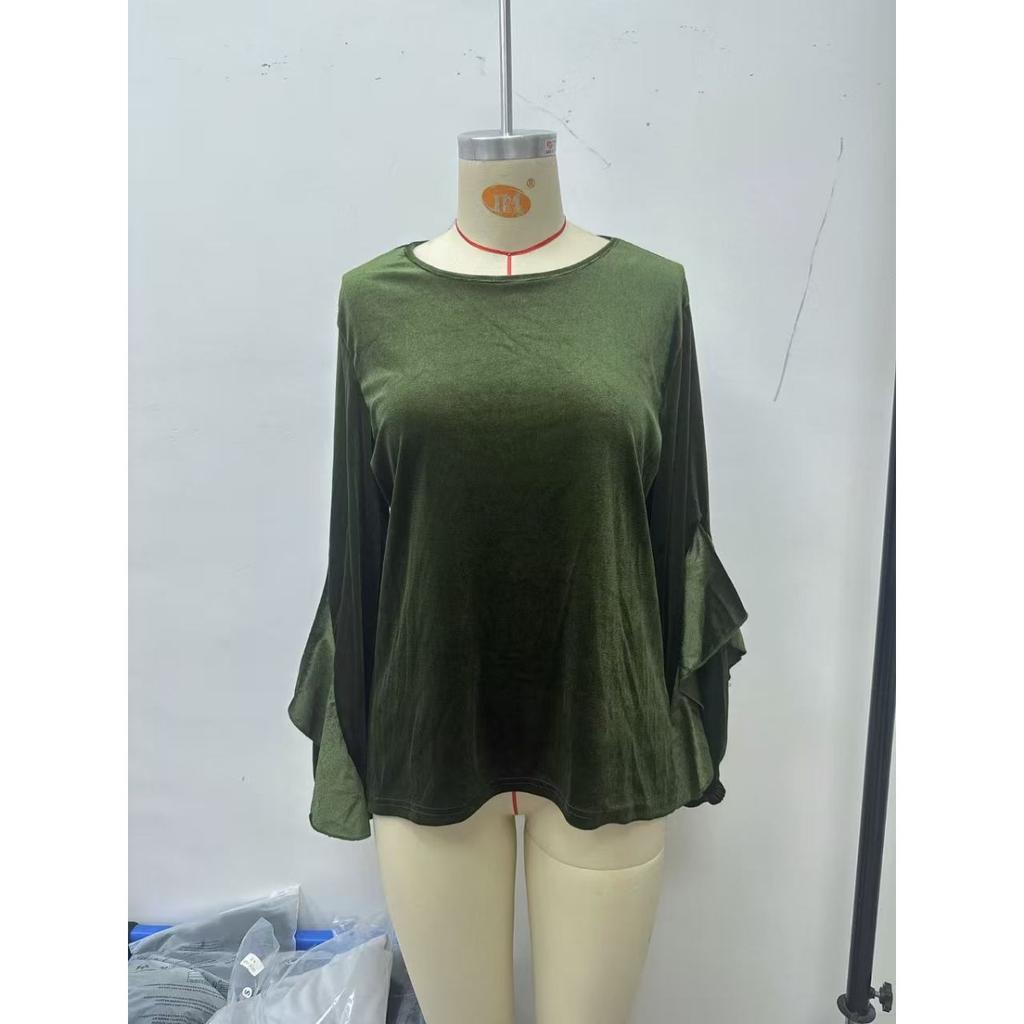 Spring Fall Women Velvet Long Sleeve Ruffle Casual Blouse Top