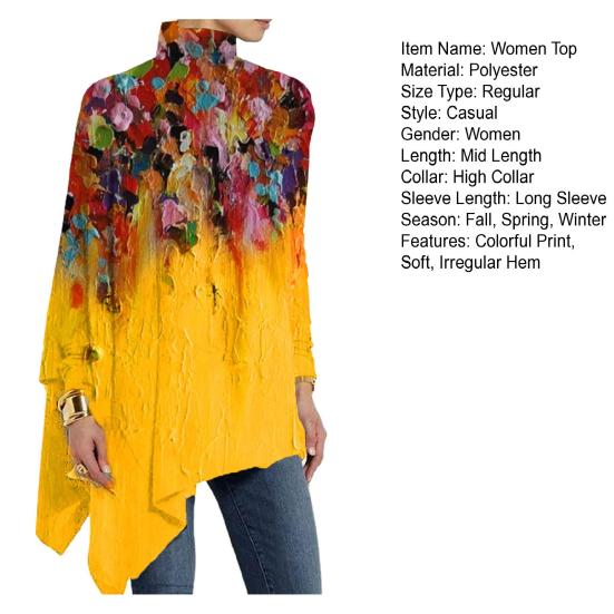 Осень-весна женский топ с красочным художественным принтом, высокий воротник, свободный неровный подол, длинный рукав, пуловер средней длины, мягкая цветная повседневная женская блузка