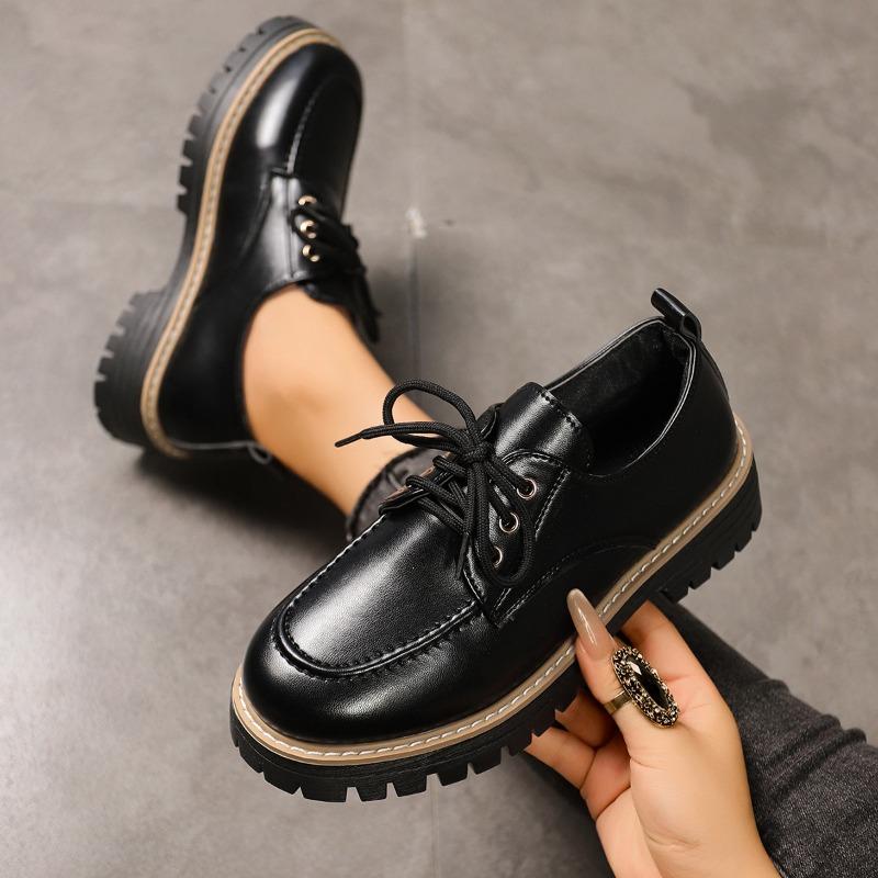 Fashion Plus Size 43 Women's Lace Up Loafers Spring and Autumn Fashion British Style Versatile Thick Sole Low Heels Small Leather Shoes