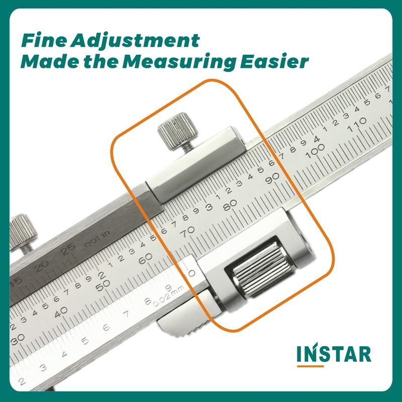INSTAR Vernier Caliper Mono-Block Stainless Steel 150mm/6" DIN Standard 200mm/8" with Fine Adjustment 300mm/12"