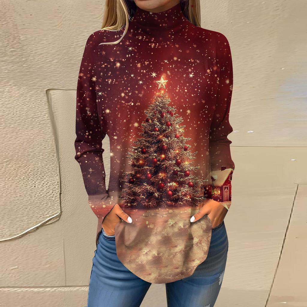 Женская модная повседневная футболка с длинным рукавом с высоким воротом и принтом, пуловер, топ
