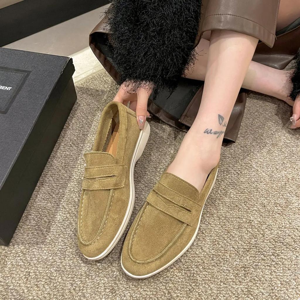Shoes Women Round Toe Loafers With Fur Casual Female Sneakers 2025 Moccasin New Slip-on Leisure Lace-Up Flock Sewing Soli