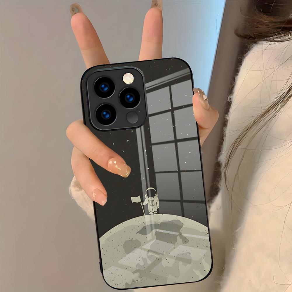 Чехол для телефона 'Астронавт, Луна, Звезды' для IPhone 17 Pro Max 16 15 14 Pro Max 13 11 Plus Стеклянная крышка