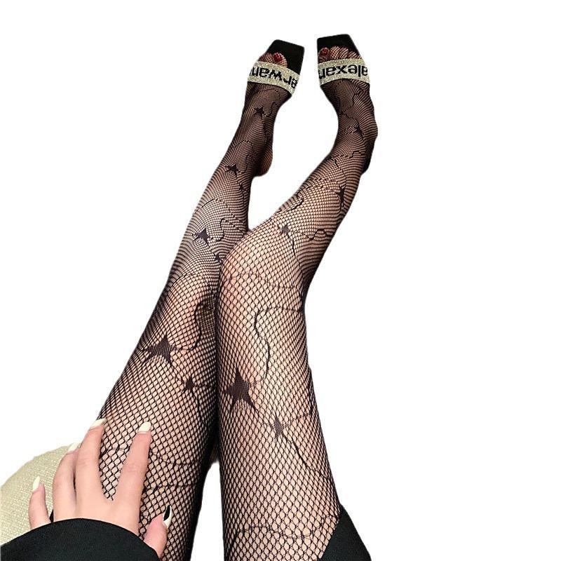 Stylish Black Fishnet Pantyhose with Lace Detail for Women - Autumn/Winter Collection