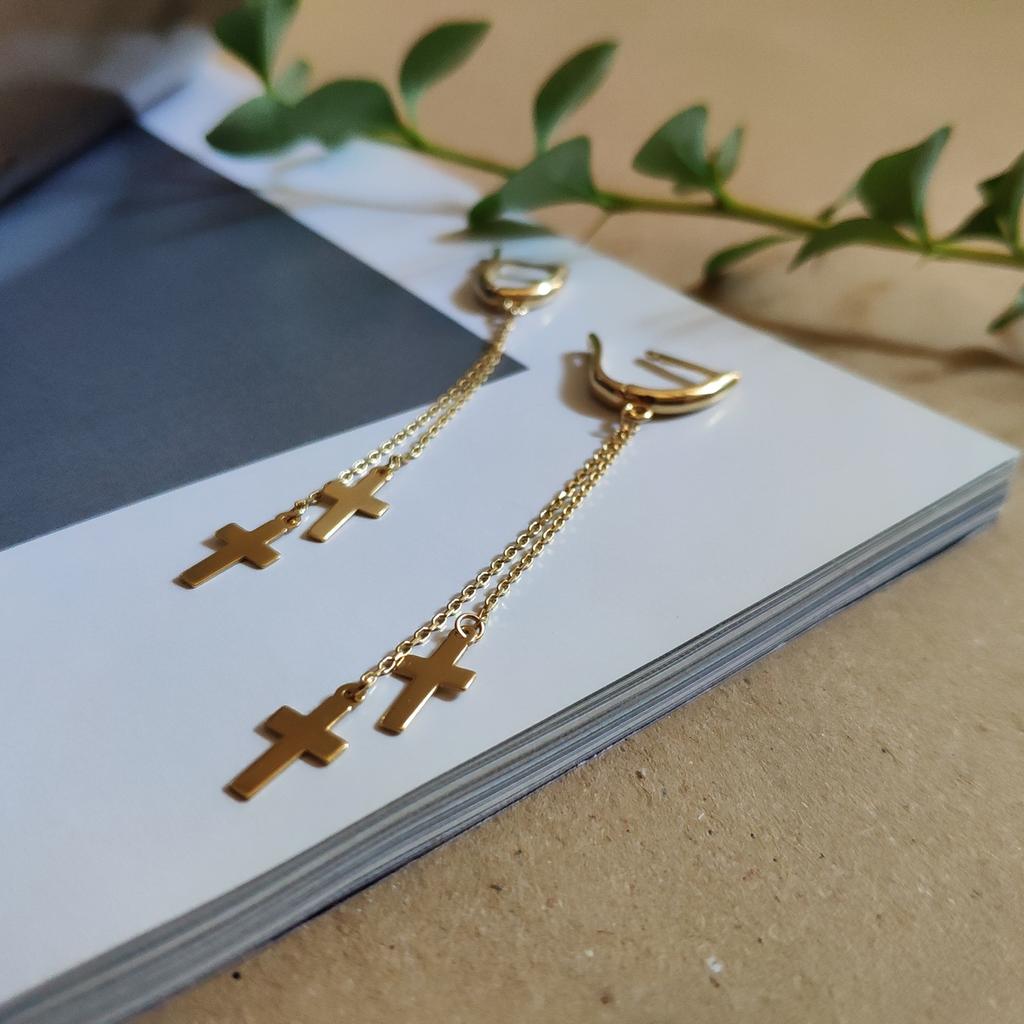 Золотые серьги длинные подвески кресты с цепочками 585 пробы желтое европейское золото без камней (209405003)