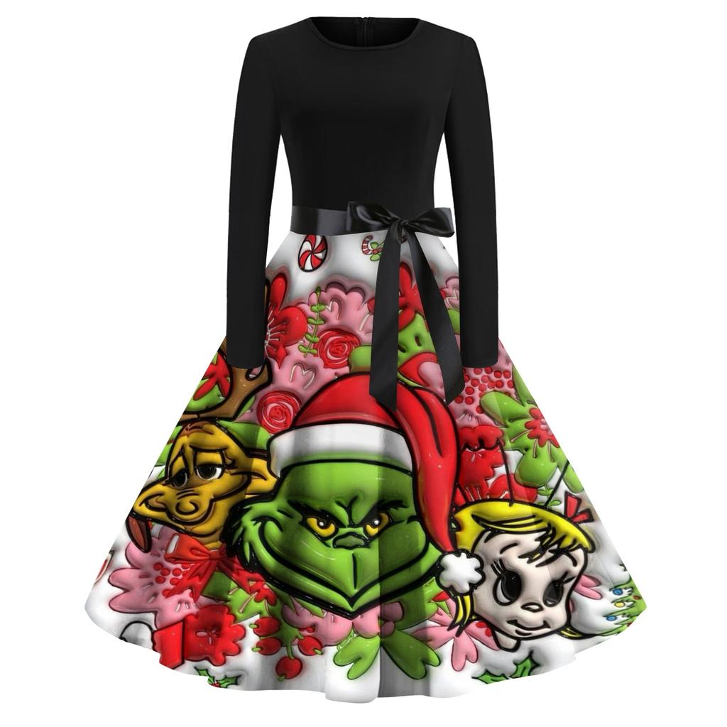 Женское модное повседневное платье с круглым вырезом и рождественским принтом и длинными рукавами
