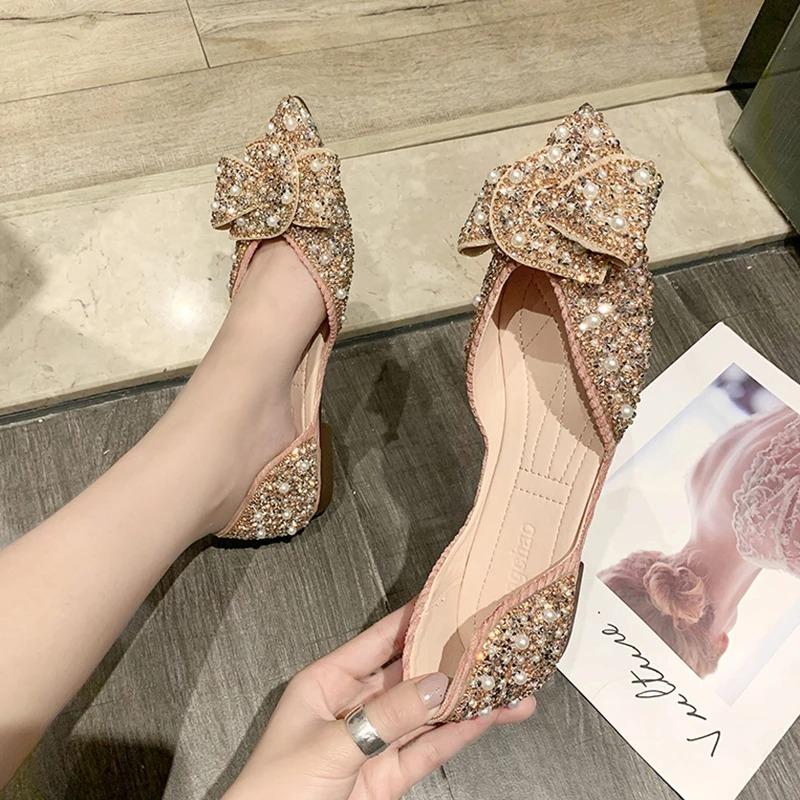 Модные блестящие хрустальные балетки женские 2024 новые мягкие туфли для вечеринок с жемчугом женские роскошные блестящие туфли для мам со стразами