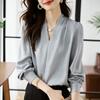 Минималистичные однотонные повседневные рубашки с длинным рукавом для женщин, весна и осень, темпераментные женские шифоновые блузки с V-образным вырезом, топы, элегантная офисная женская рубашка 26072