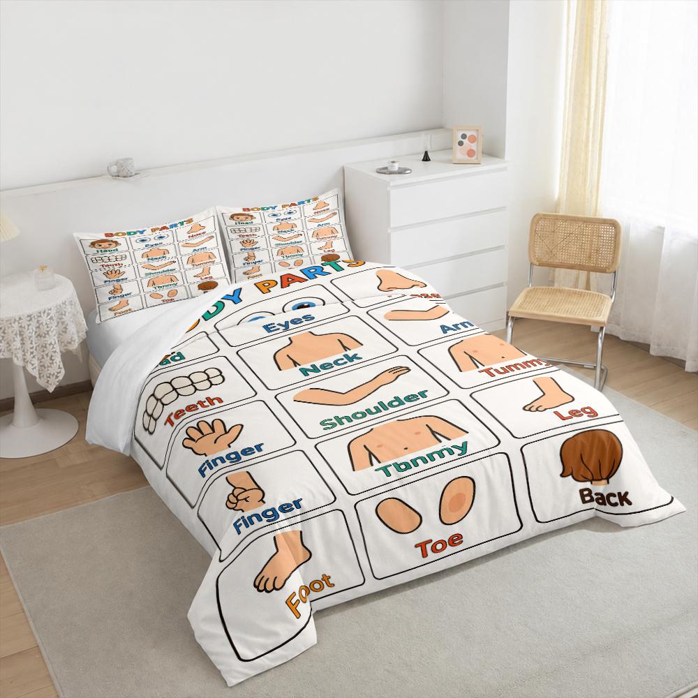 Body Parts Educational Bedding set (1 duvet cover, 2 pillowcases, duvet not included), Cartoon Anatomy Chart Learning Art Print